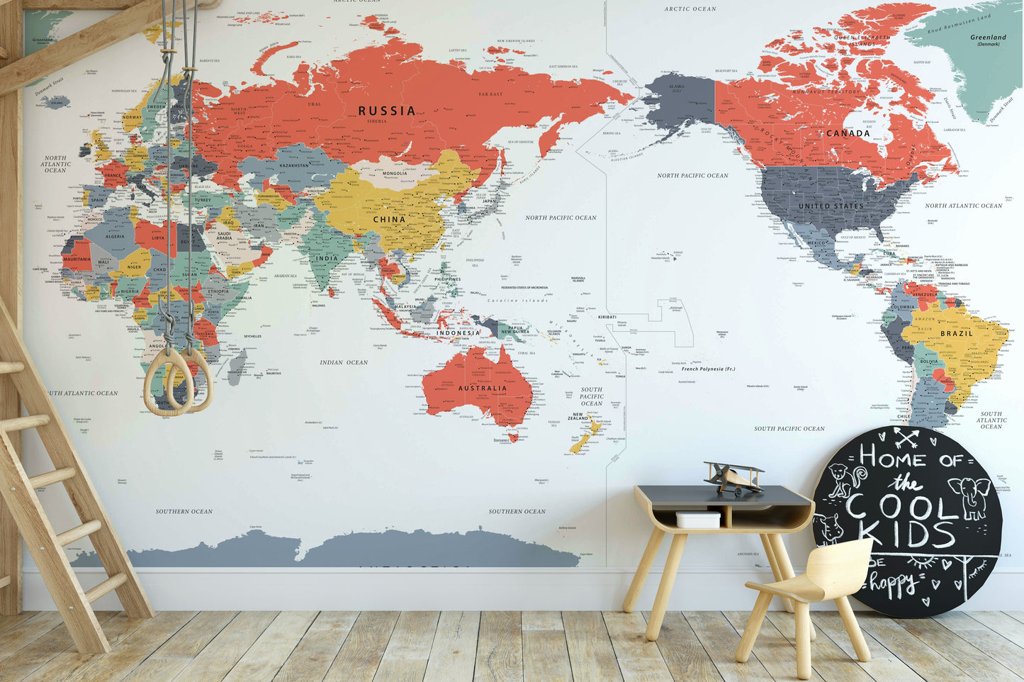 Pacific Centered World Map in Happy Colors Wall Mural