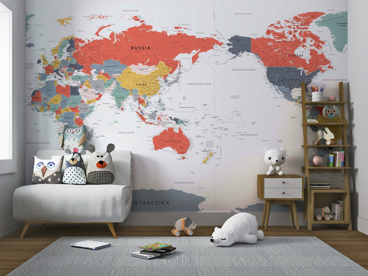 Pacific Centered World Map in Happy Colors Wall Mural