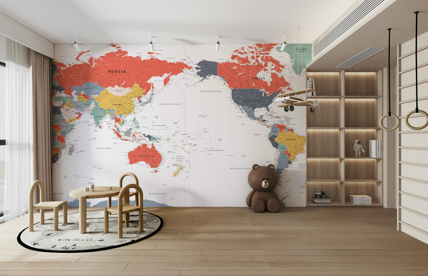 Pacific Centered World Map in Happy Colors Wall Mural