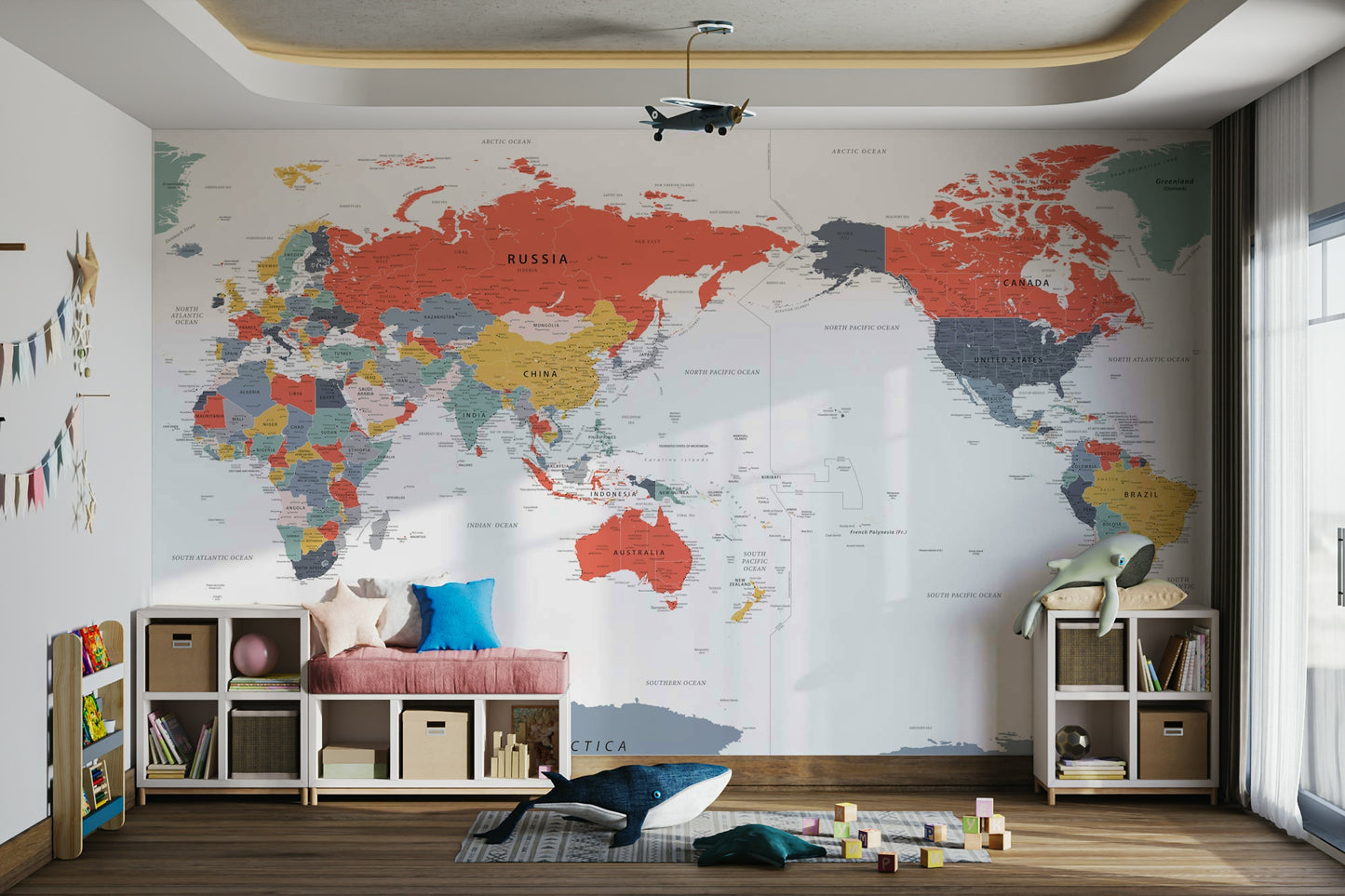 Pacific Centered World Map in Happy Colors Wall Mural