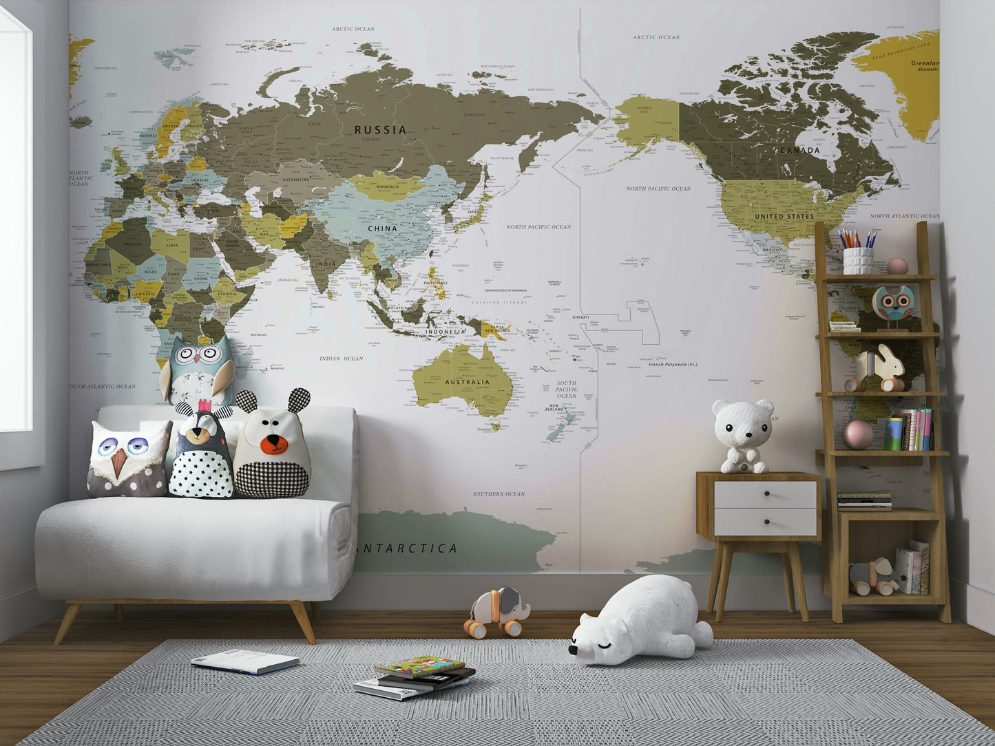 Pacific Centered World Map Olive Green Wall Mural