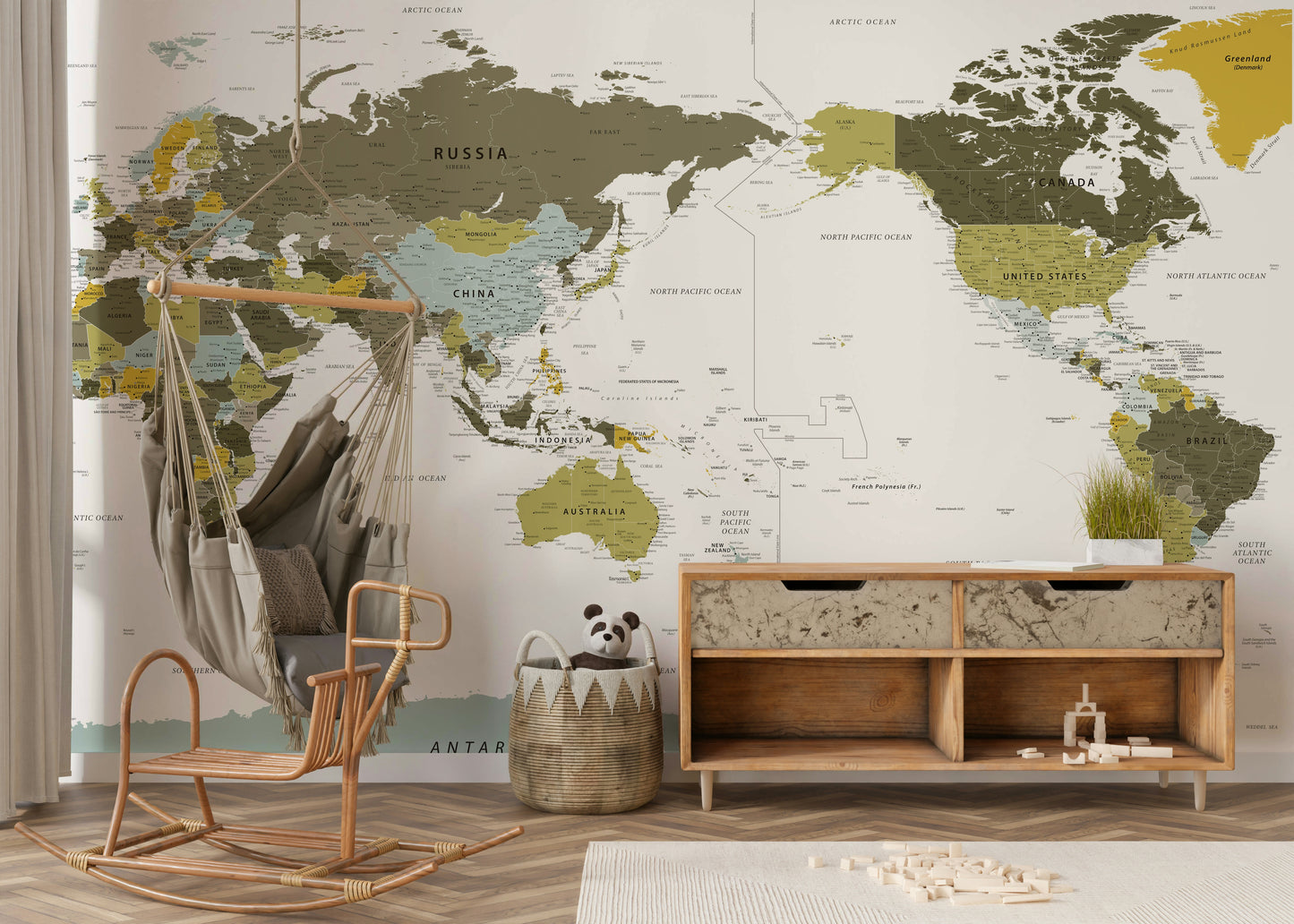 Pacific Centered World Map Olive Green Wall Mural
