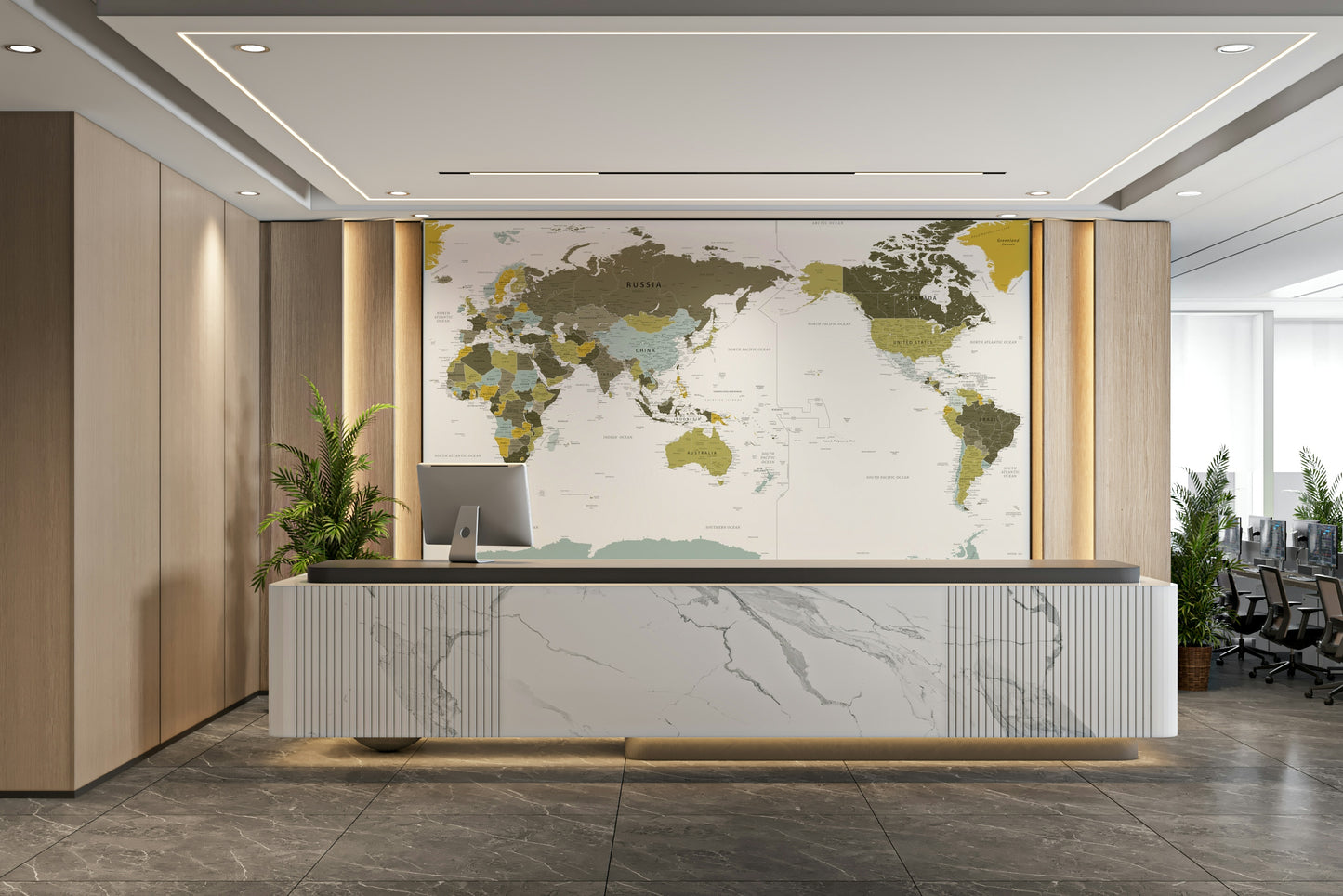 Pacific Centered World Map Olive Green Wall Mural