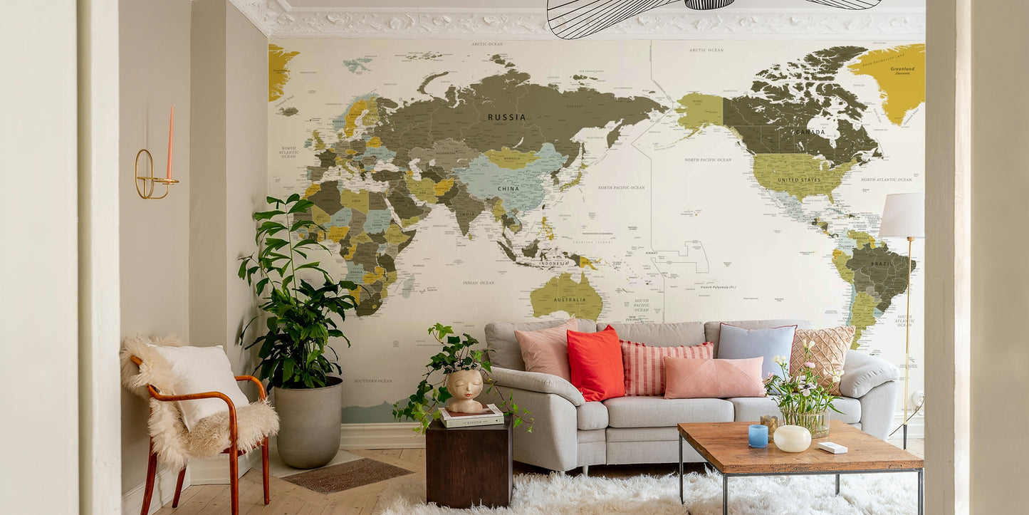 Pacific Centered World Map Olive Green Wall Mural