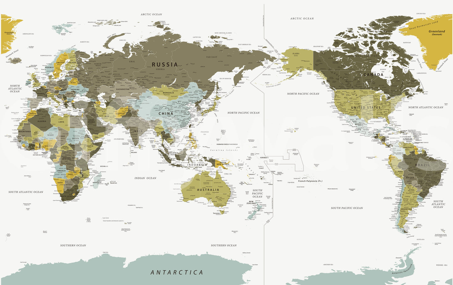 Pacific Centered World Map Olive Green Wall Mural