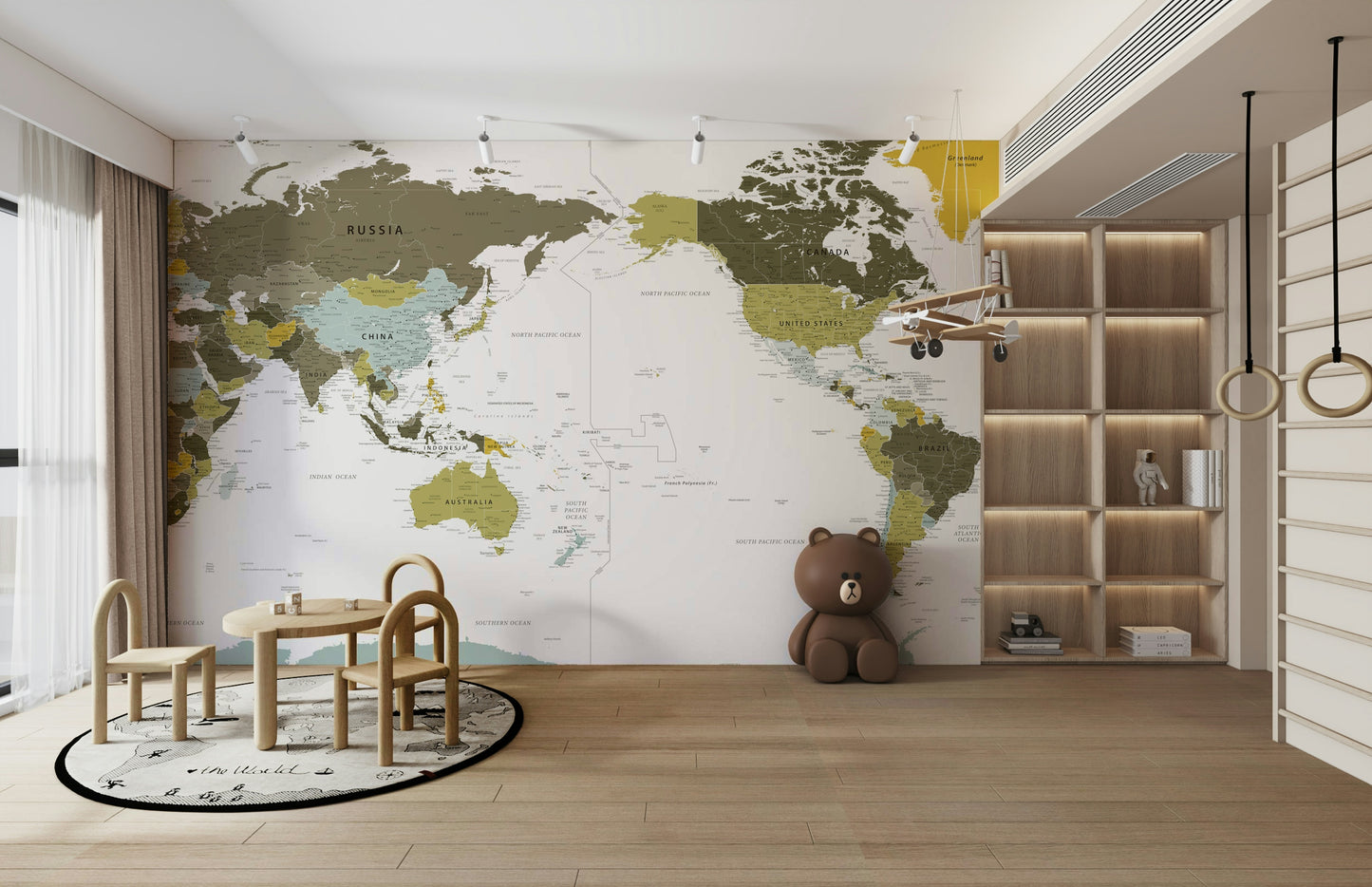 Pacific Centered World Map Olive Green Wall Mural