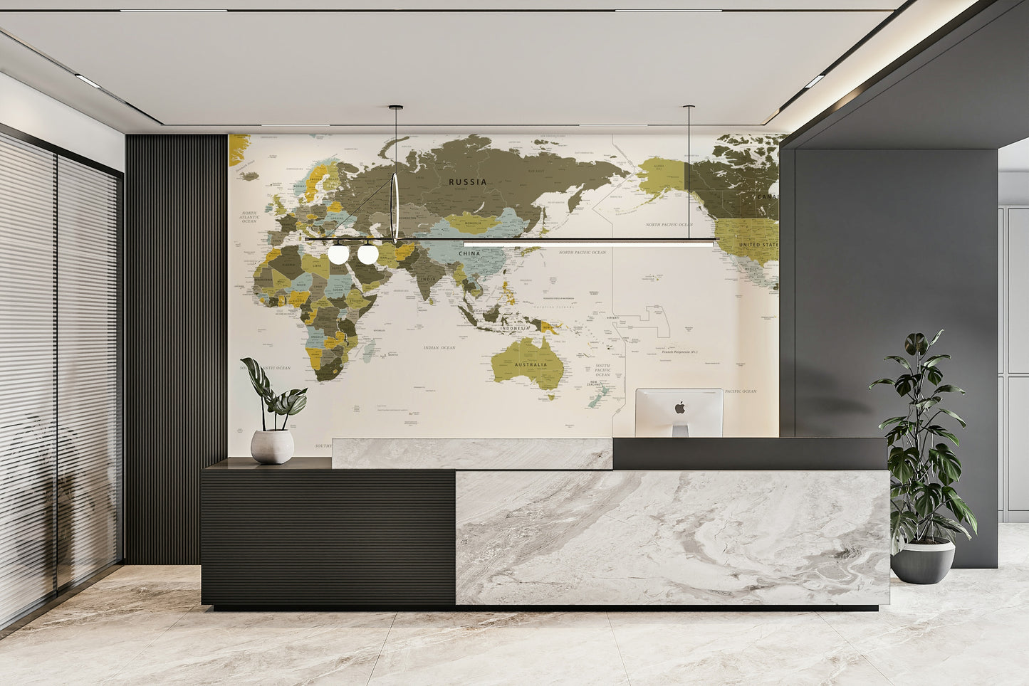 Pacific Centered World Map Olive Green Wall Mural