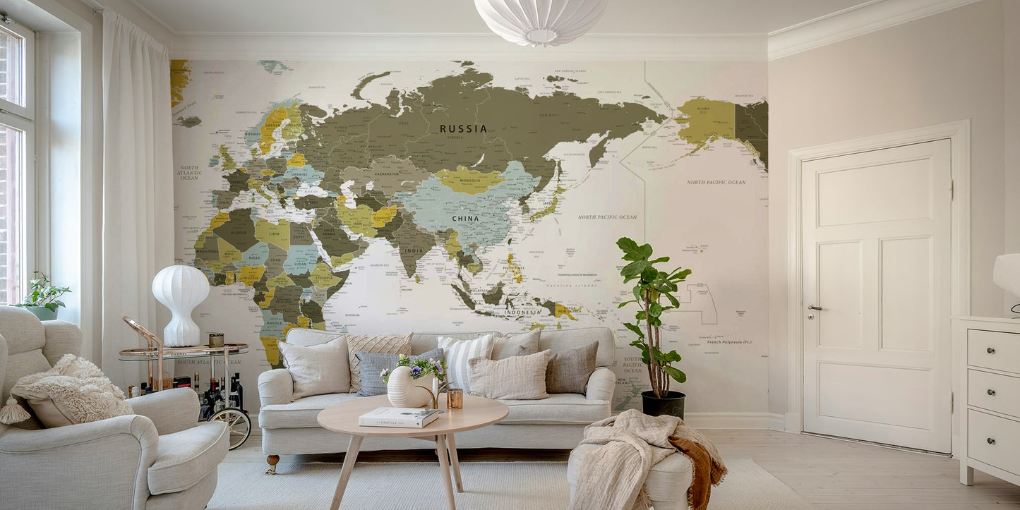 Pacific Centered World Map Olive Green Wall Mural
