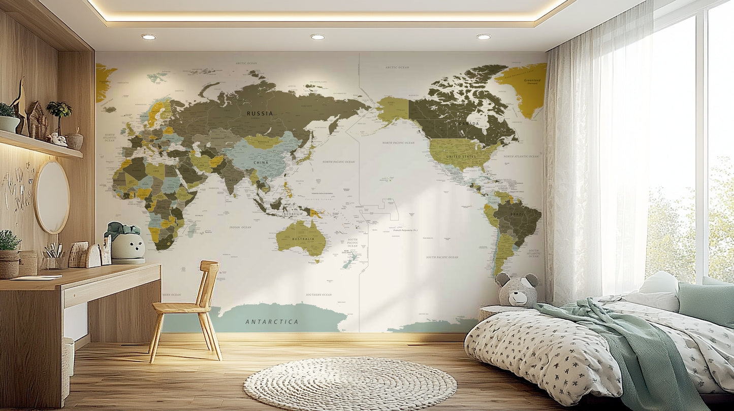 Pacific Centered World Map Olive Green Wall Mural