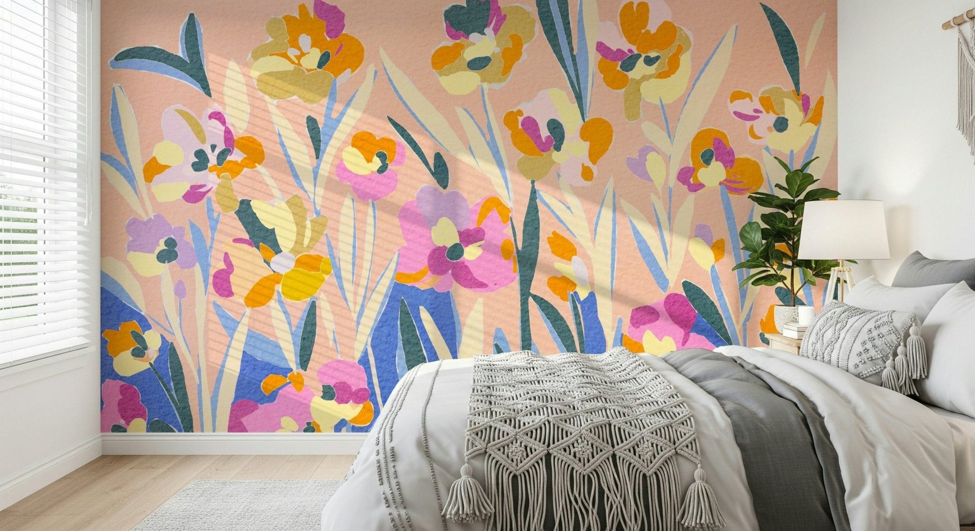 Artistic colorful flower Painted Blossom Garden wallpaper for children.