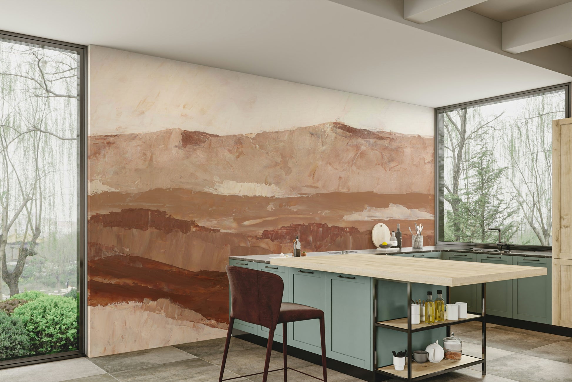 Gentle peaks and valleys painted landscape wallpaper

