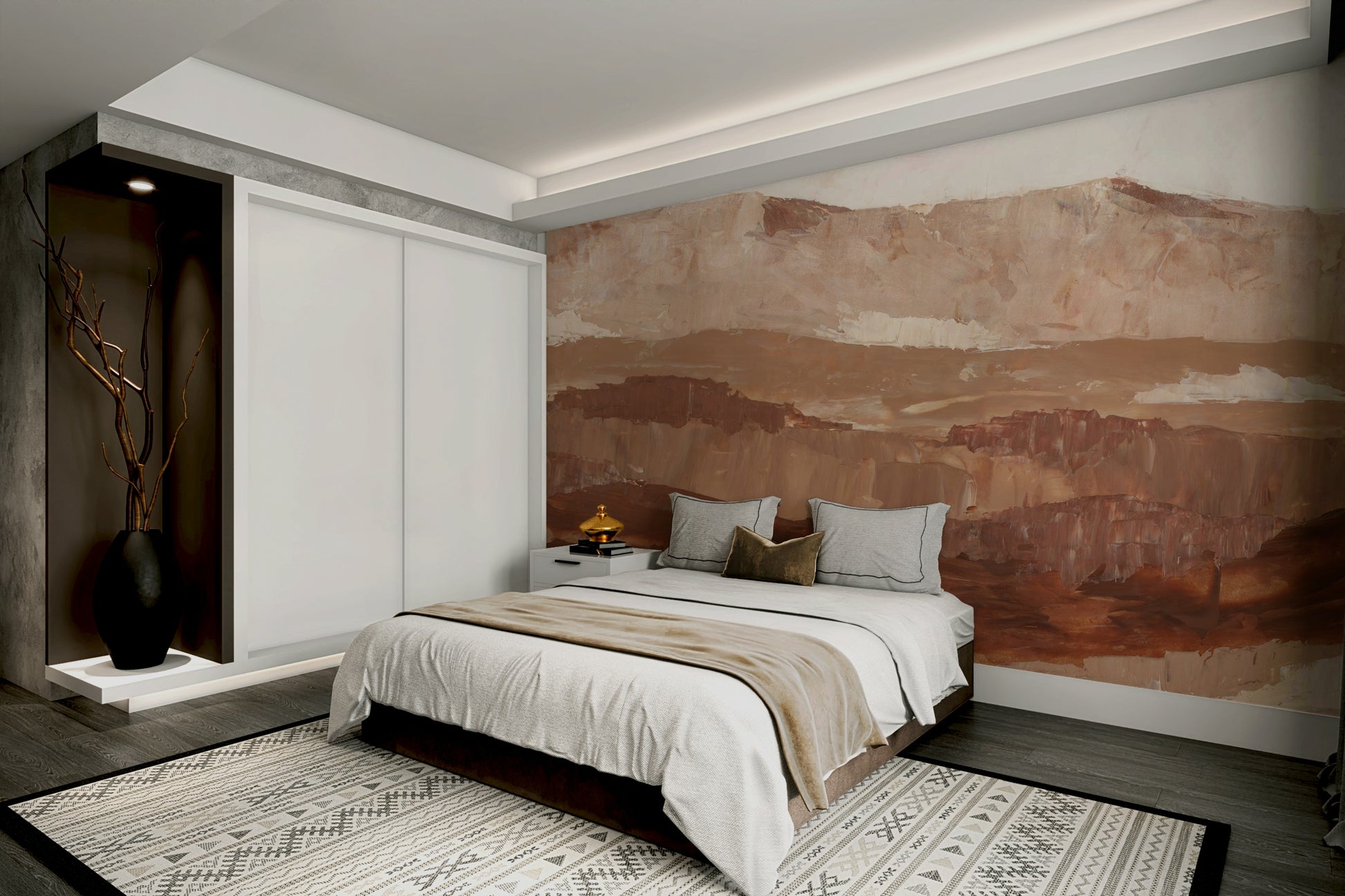 Tranquil painted mountain peaks wallpaper design

