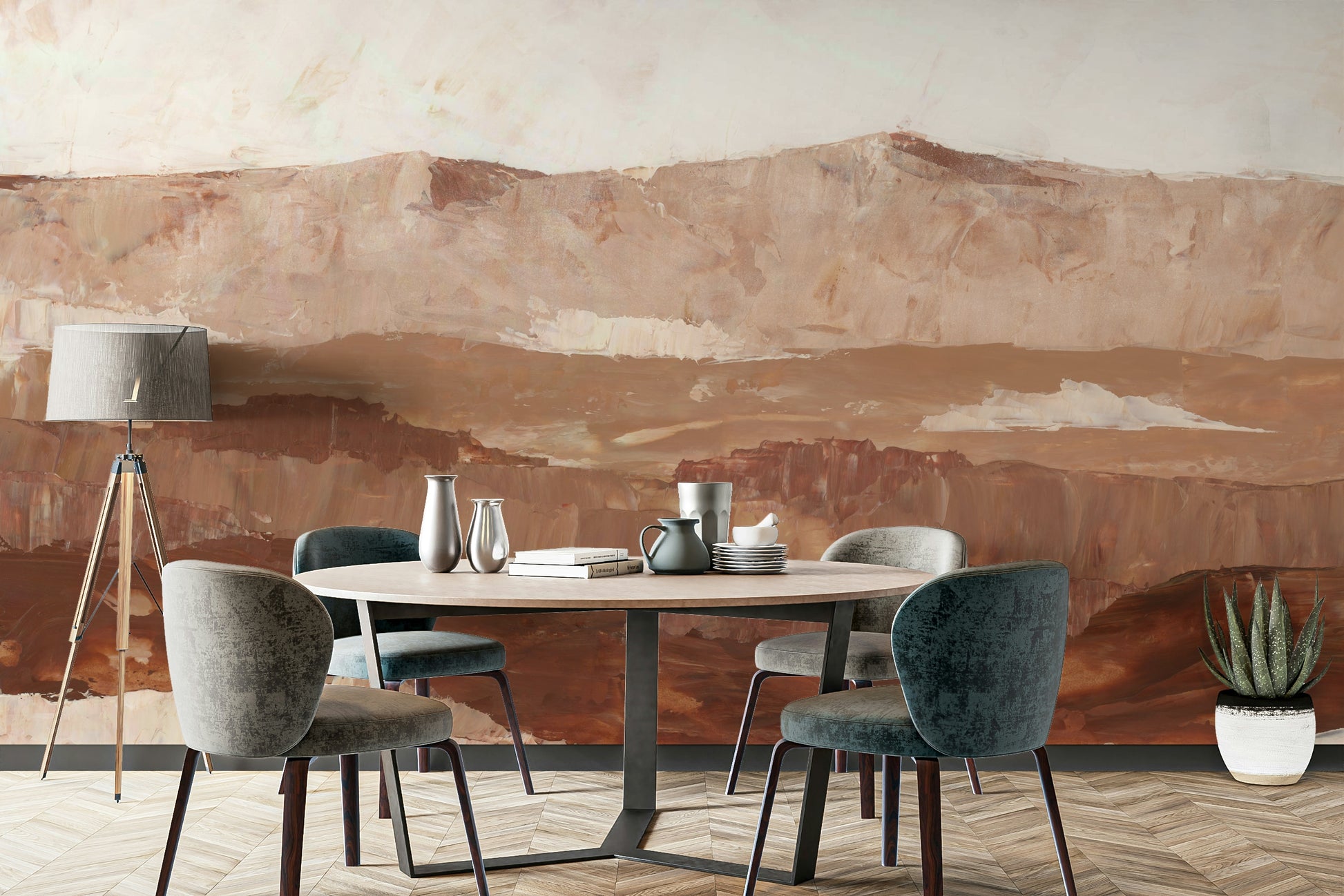 Misty mountain landscape wallpaper in warm hues

