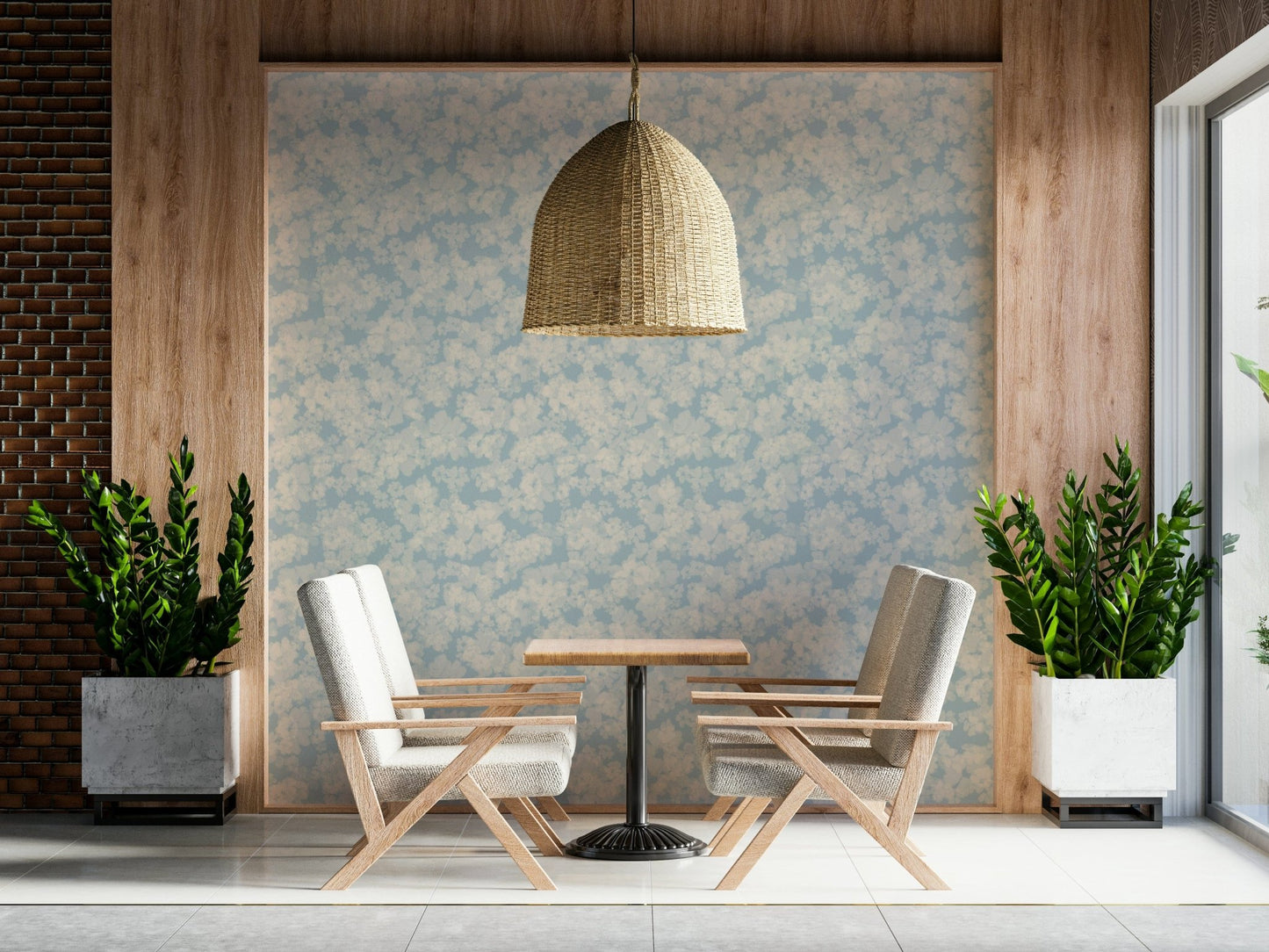 Painted Petals Calm wallpaper, gentle blue flower print, peaceful home design.
