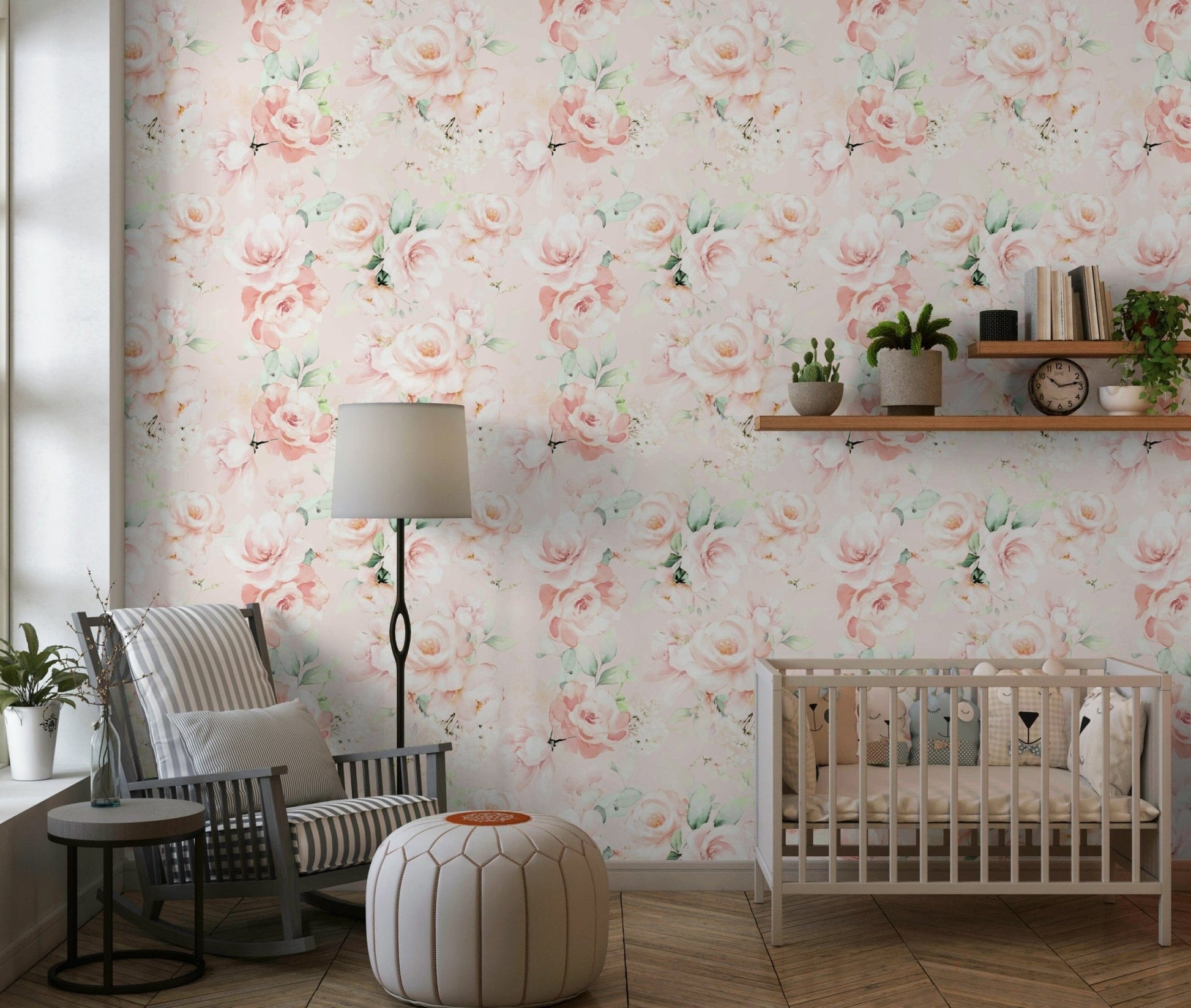 Elegant floral wall decor gentle roses leaves motif mural.