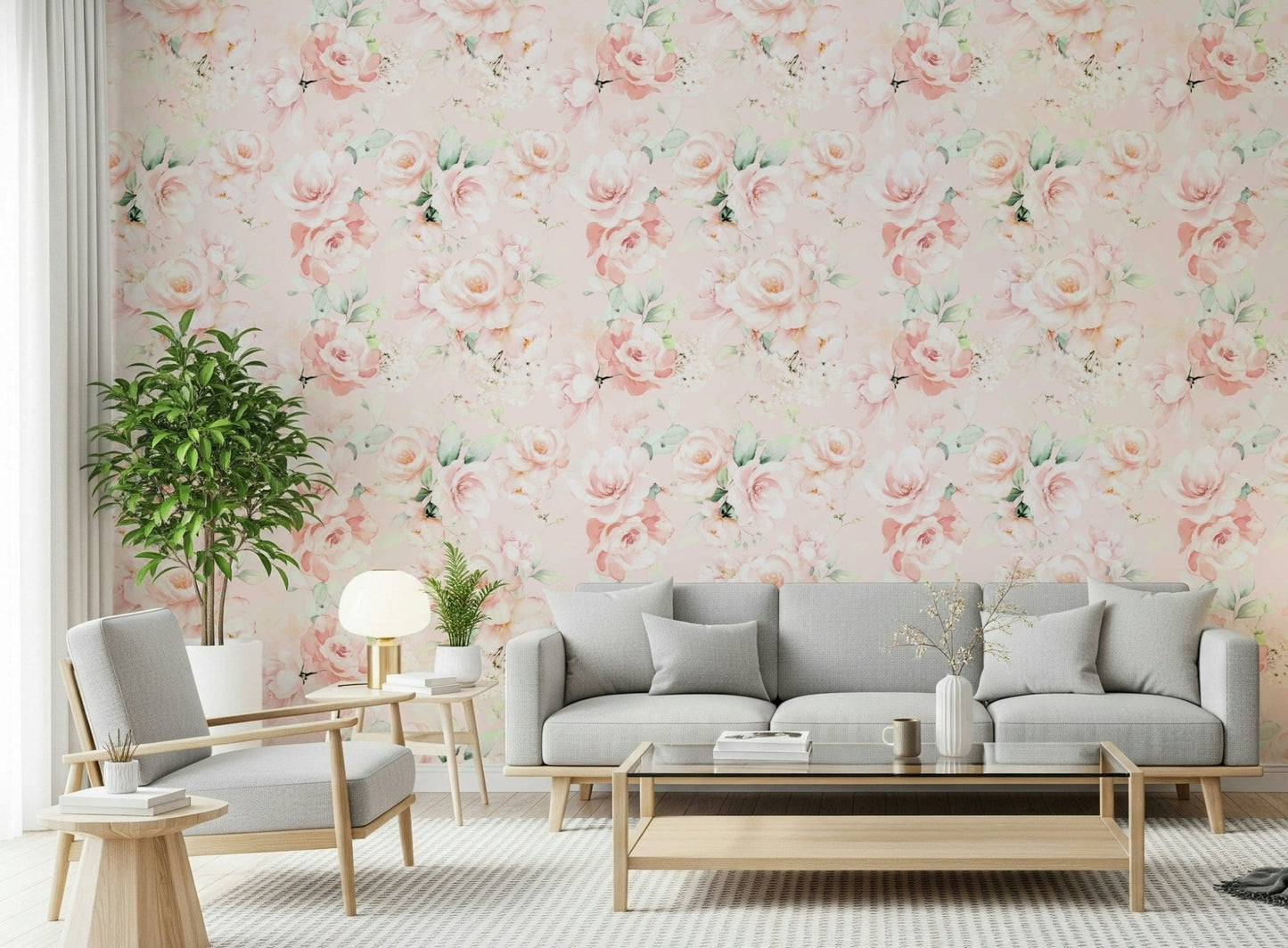 Delicate rose garden wallcovering beautiful watercolor flower art.