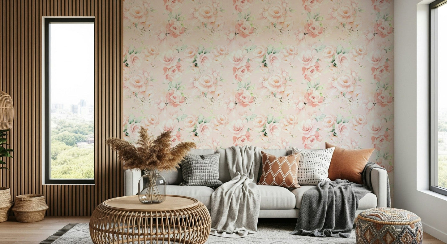 Light pink flower wallpaper seamless Painted Rose Garden print.
