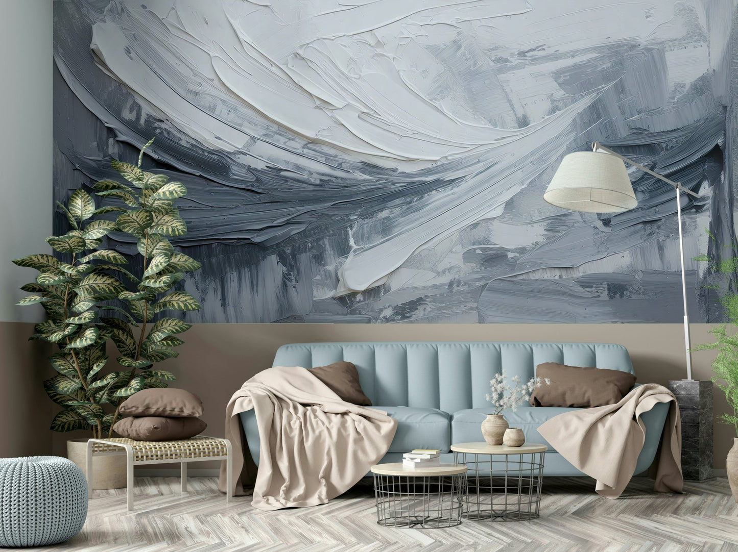 Painted Serenity wall mural in soft gray tones

