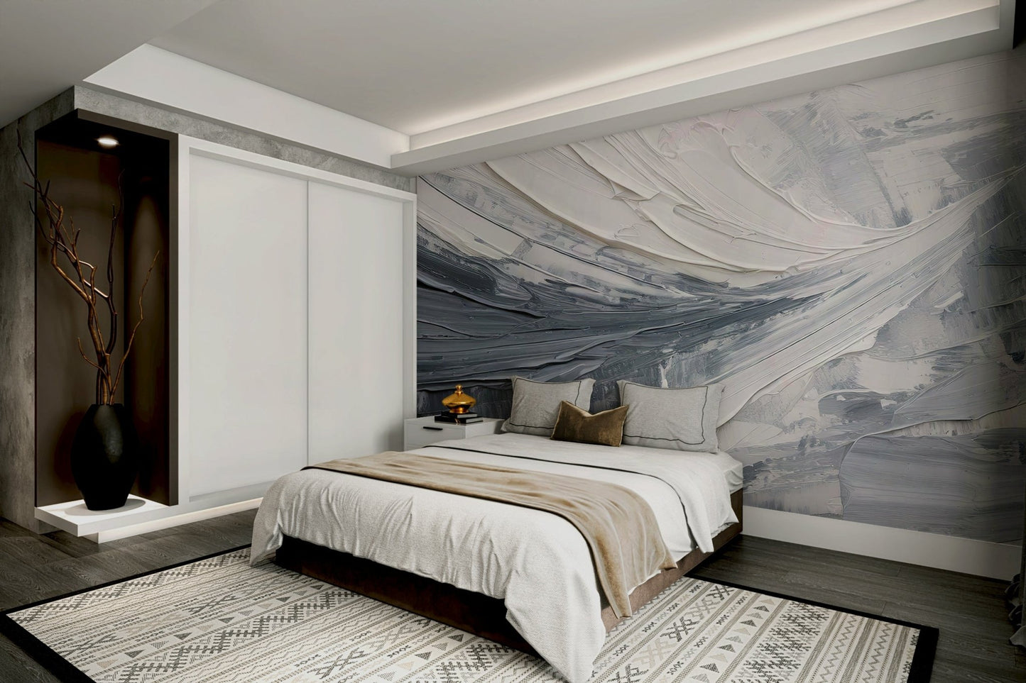 Elegant grayscale abstract mural in living room

