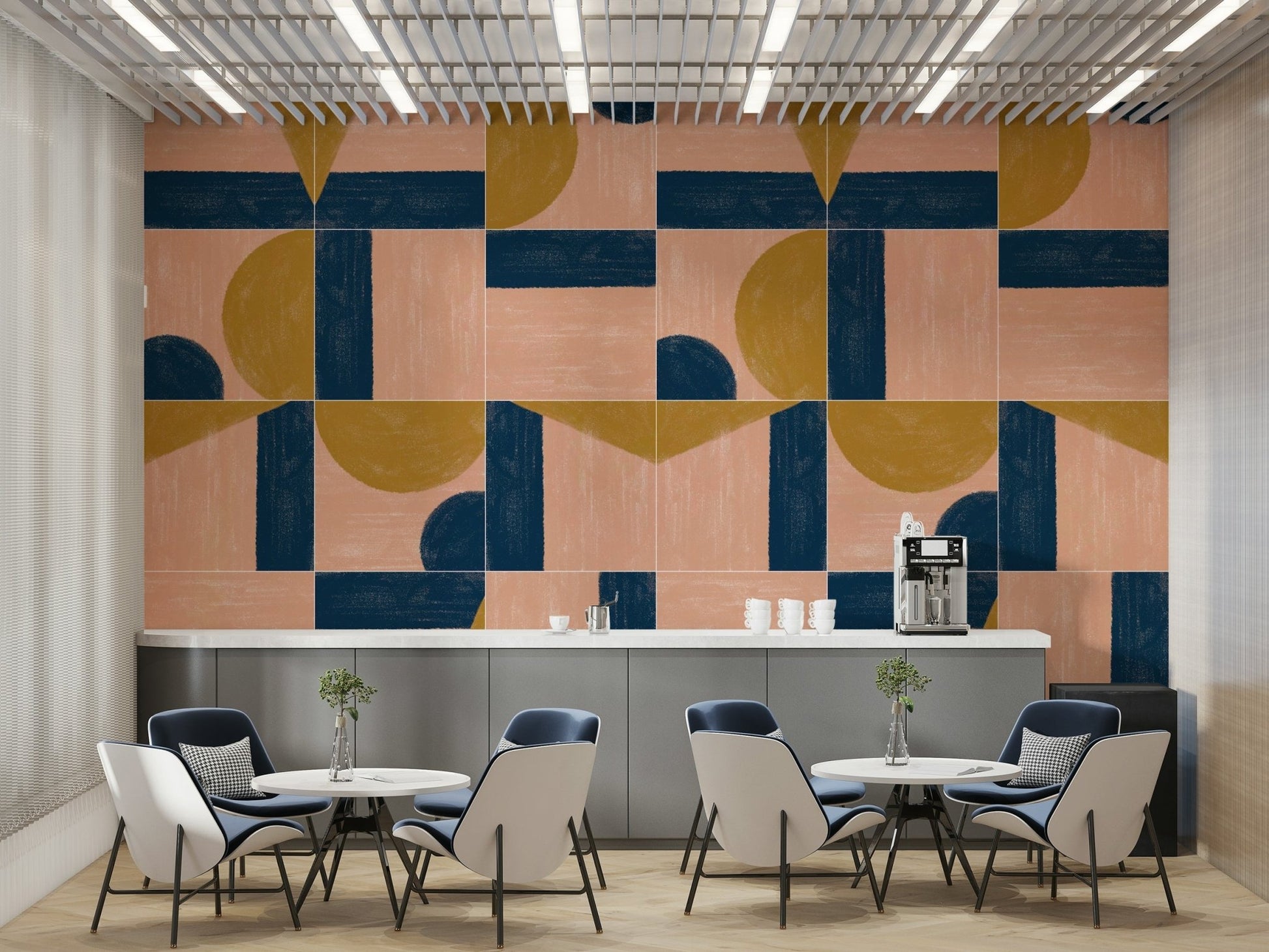 Hand-painted wall tiles creating a dynamic, artistic atmosphere


