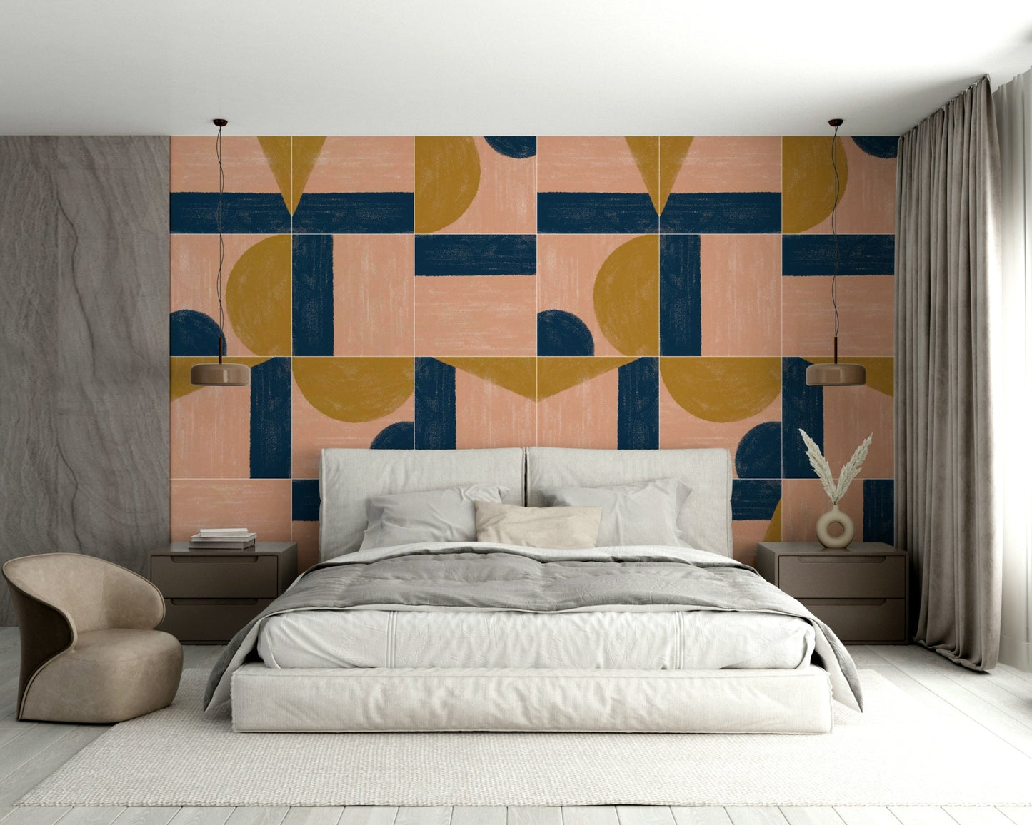 Artistic painted tiles in bold colors for a lively feature wall

