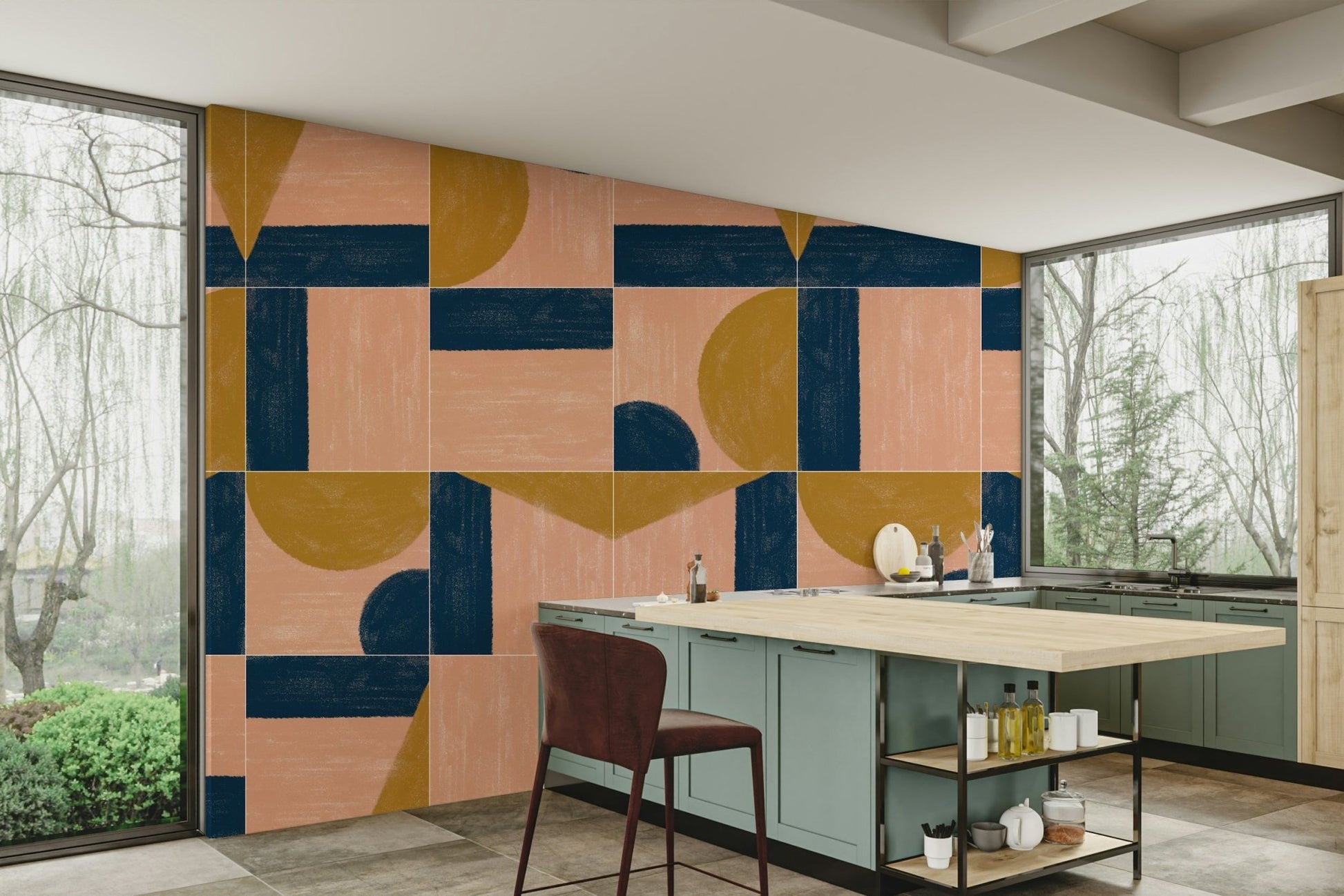 Intricate hand-painted tile mural with vibrant, colorful patterns

