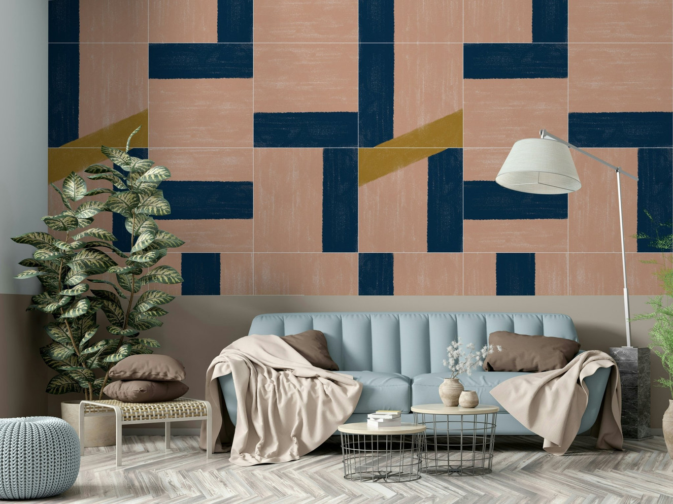 Lively tile mural with painted designs bringing energy to the room


