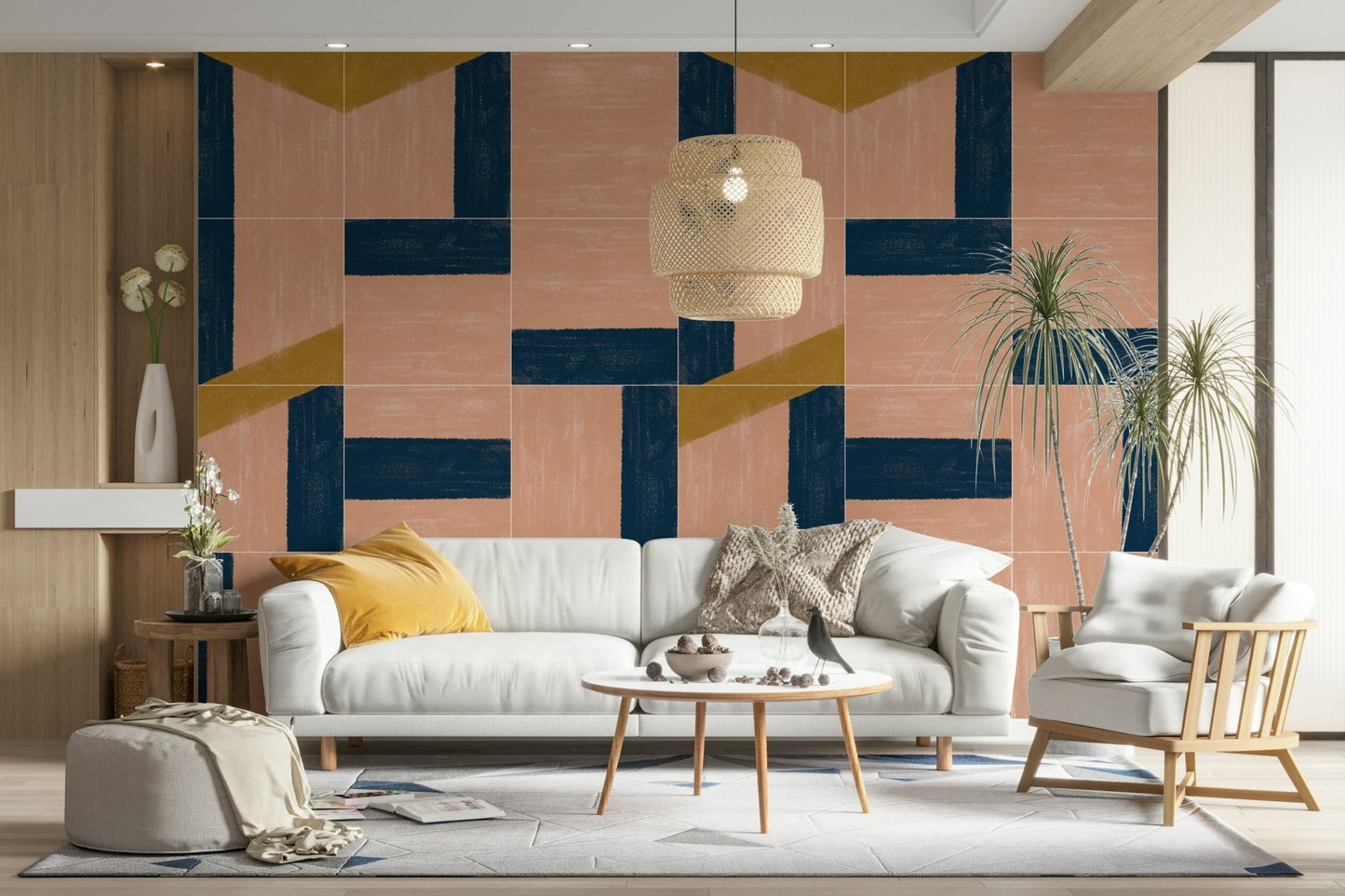 Vibrant tile pattern mural adding warmth and character to walls

