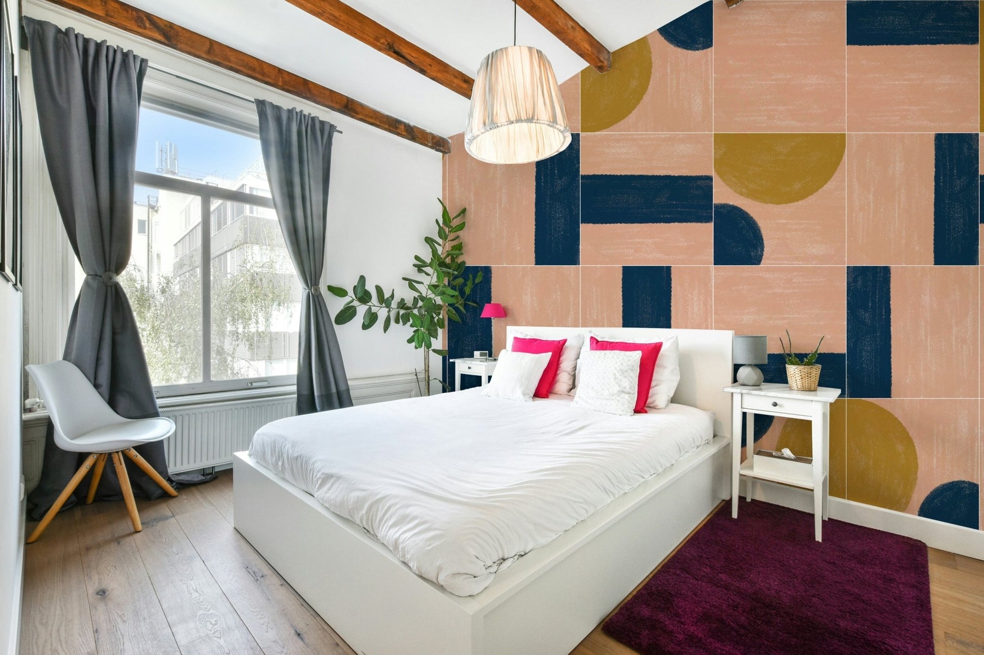 Intricate painted wall tiles creating a modern, vibrant atmosphere

