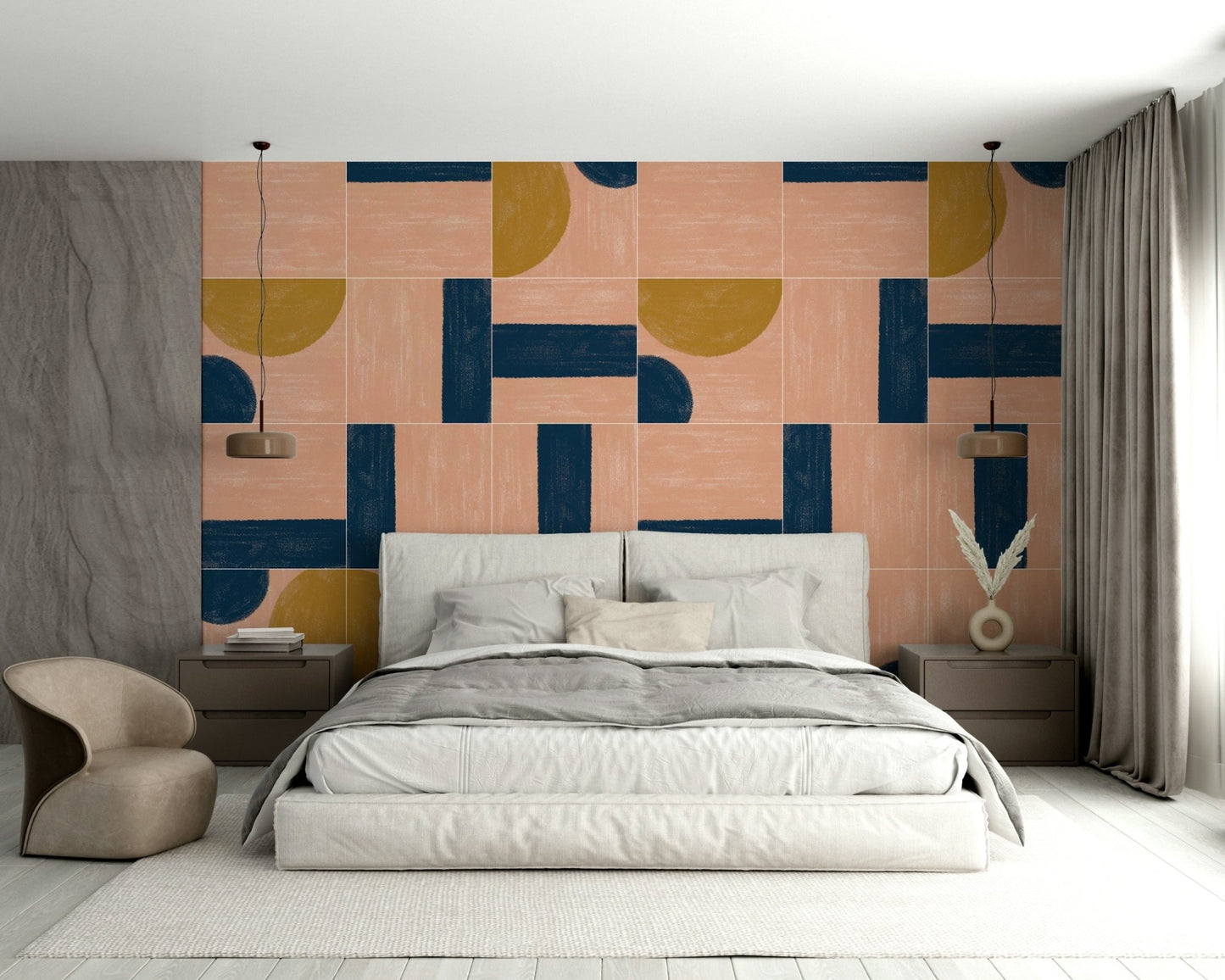 Artistic tile design in bright colors creating a lively wall mural

