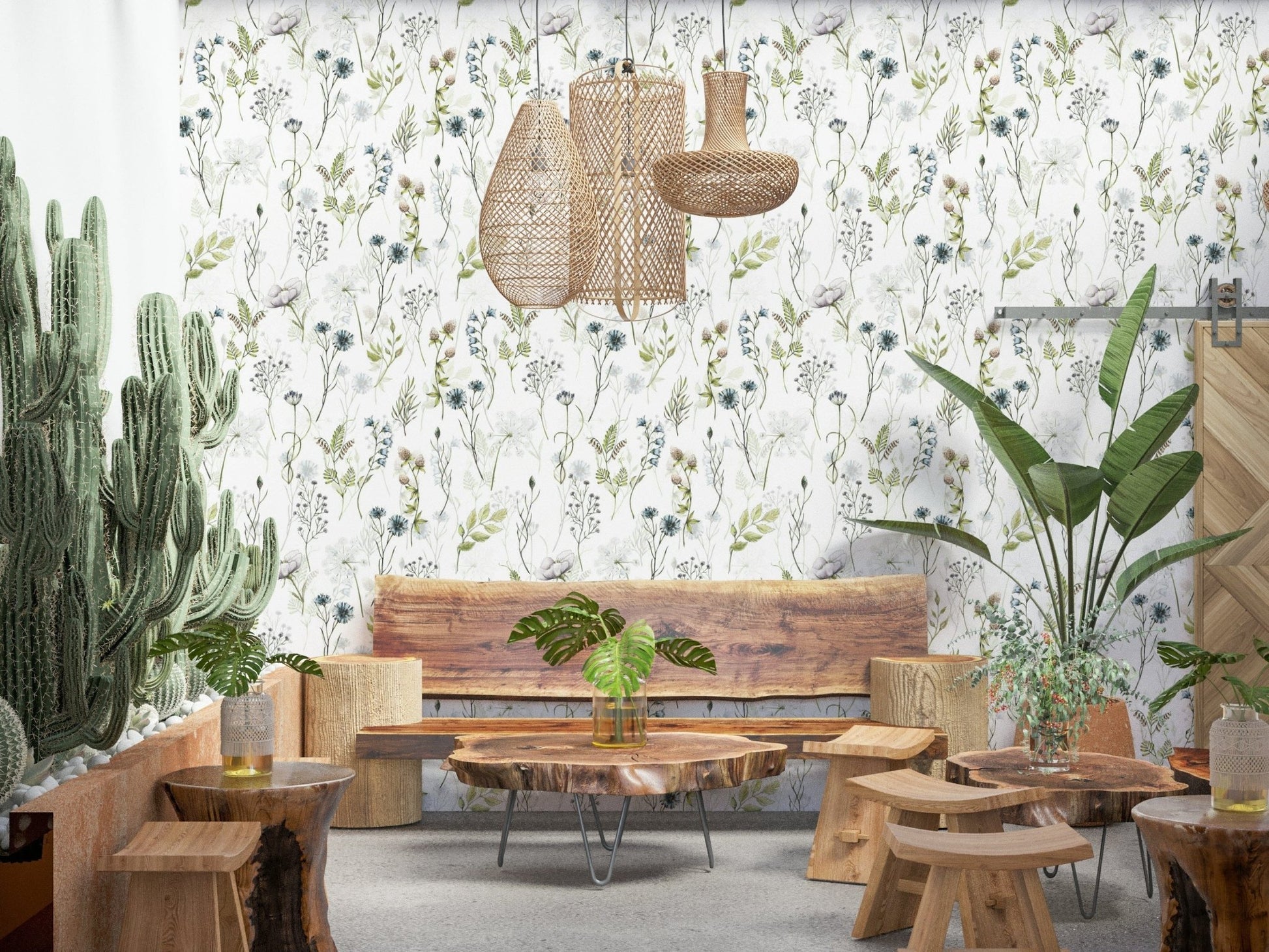 Blissful Painted Watercolor Meadow Blooms wall mural showcasing garden blooms.
