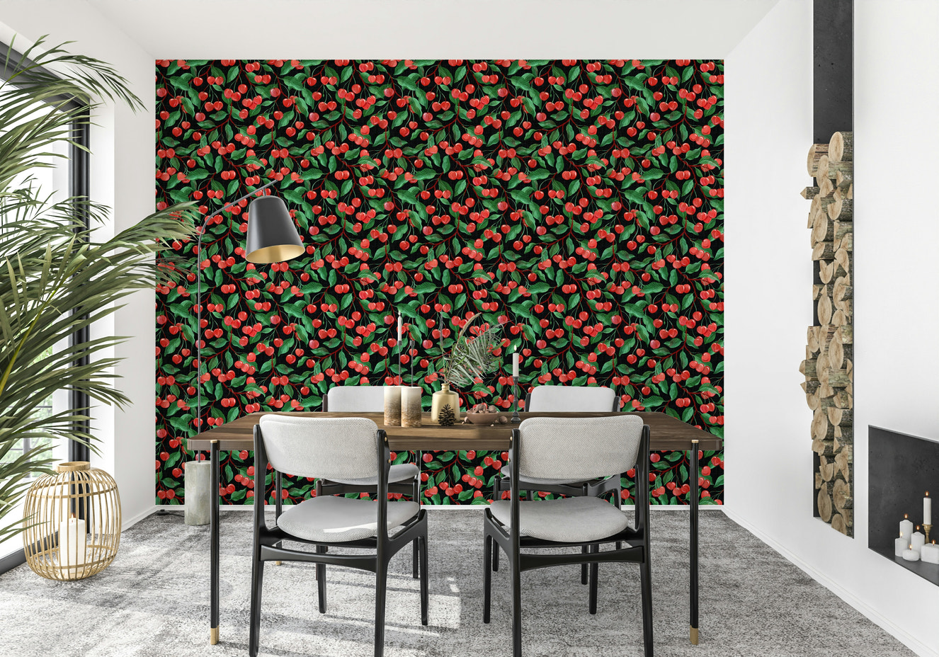 Painterly Cherries Black Wallpaper⁠