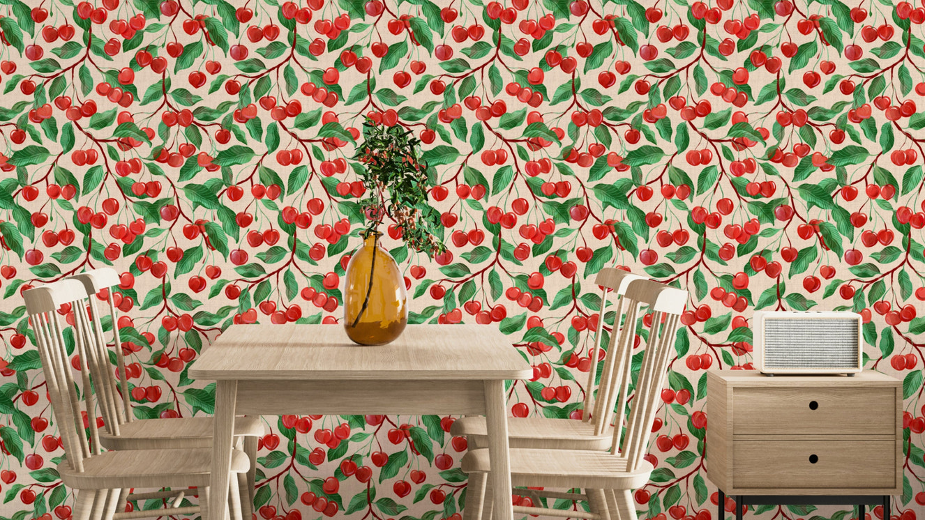 Hand-painted cherry wallpaper in vibrant colors

