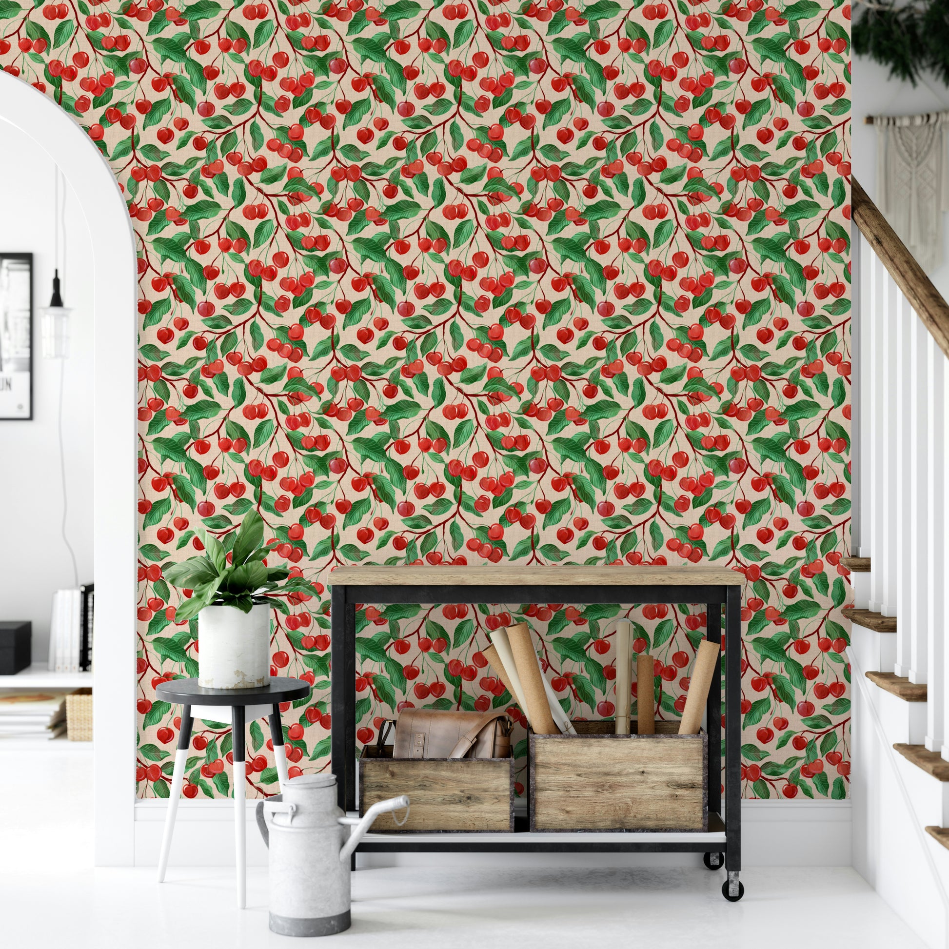 Whimsical cherries design for kitchen wallpaper

