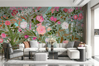 A peaceful flower design mural on decorative wallpaper.

