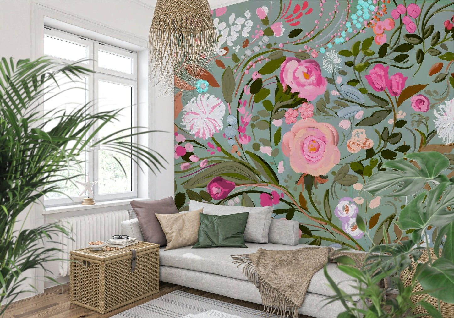 A beautiful painted floral wallpaper mural for a modern home.

