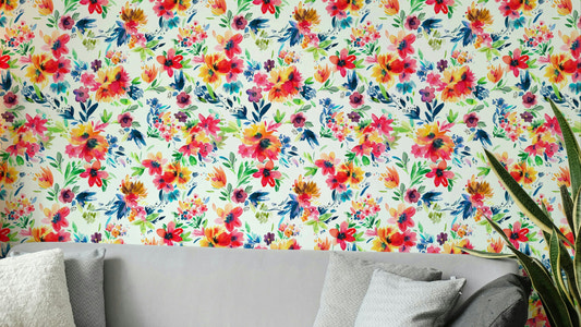 Painterly Flowers Tropical Red Wallpaper⁠
