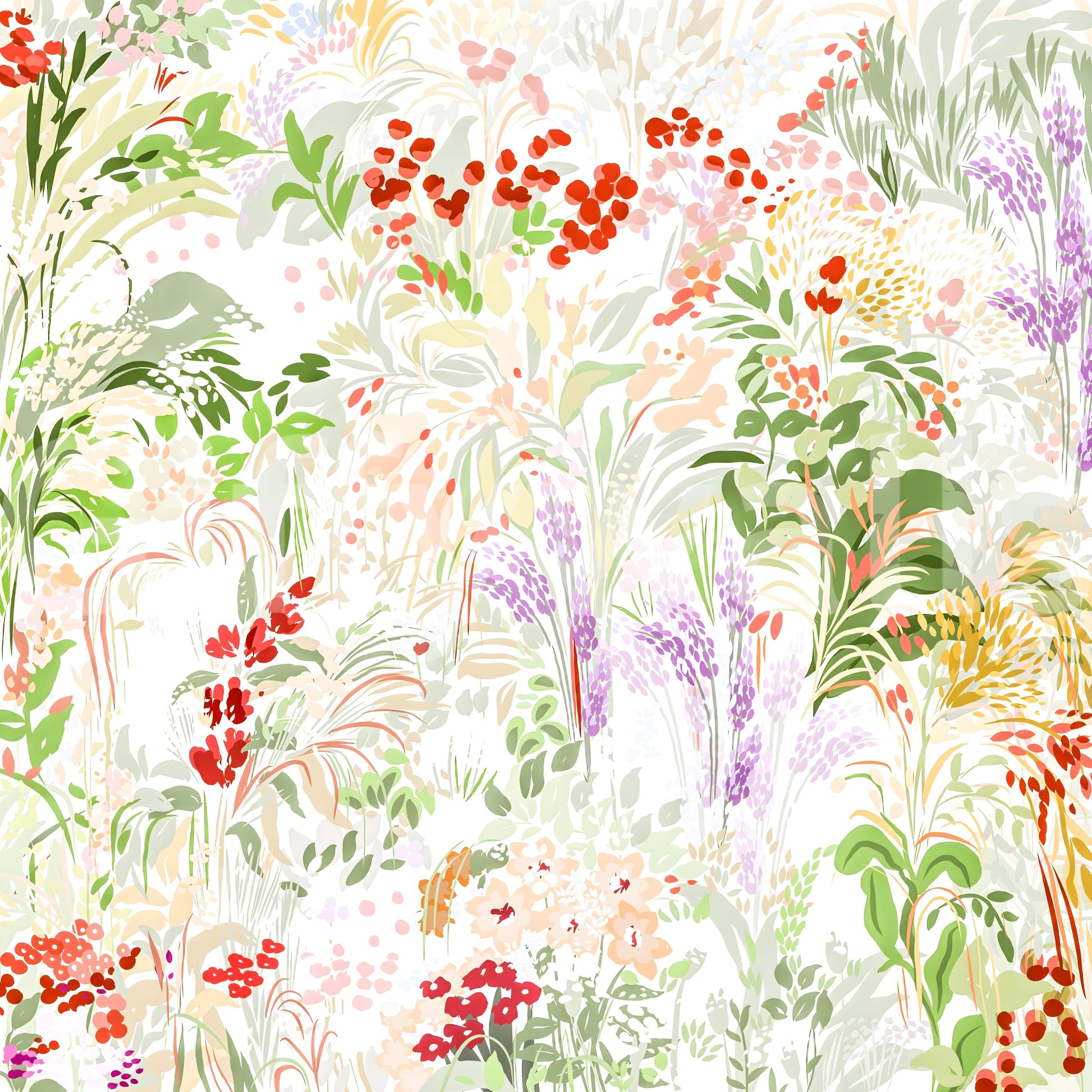 A dynamic botanical wallpaper portraying a flourishing meadow with vibrant organic shapes.