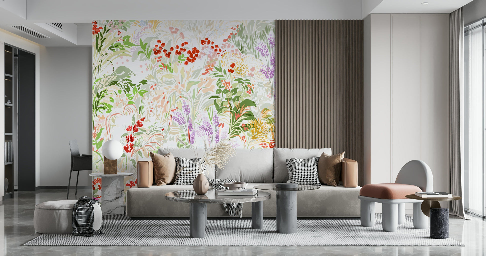 Art-inspired meadow wallpaper full of textured brushstrokes and layered botanical forms.