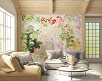 A lively wallpaper illustrating a meadow of wild grasses, berries, and flowers in painterly detail.