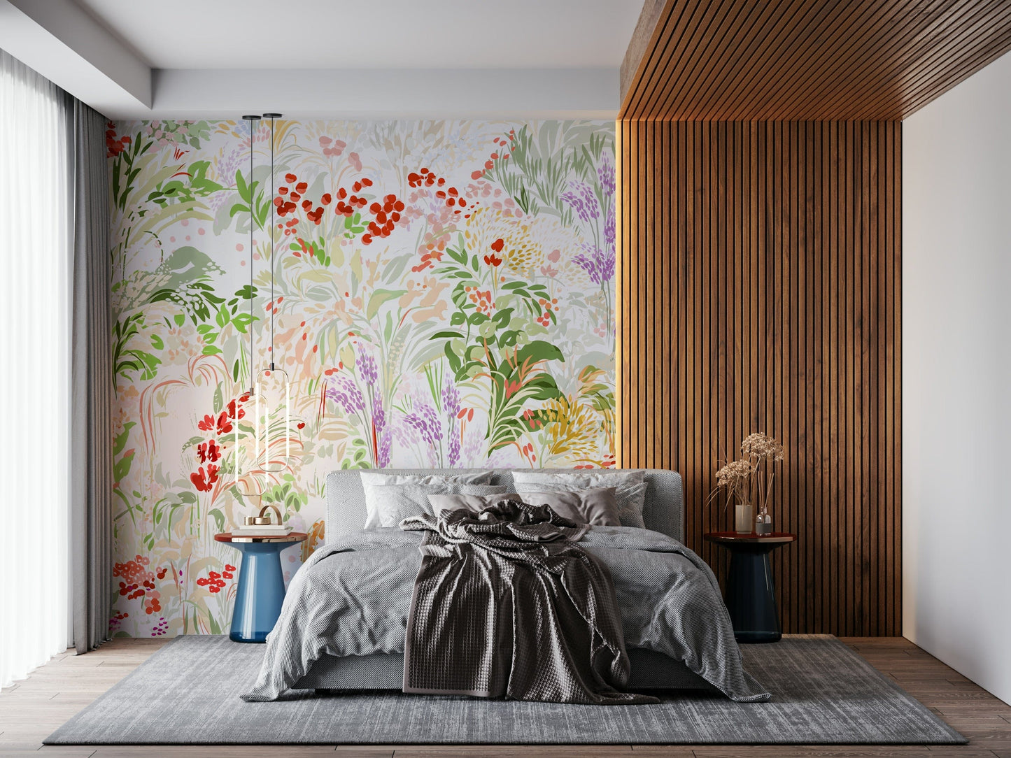 Hand-painted meadow wallpaper featuring flowing greenery and vibrant blossoms on a light background.