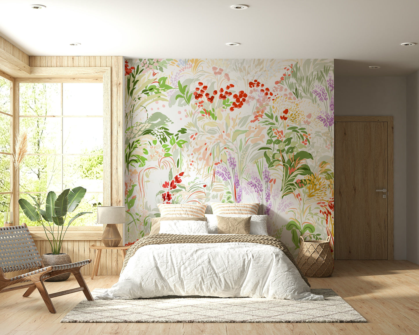 A floral meadow wallpaper painted with loose, expressive strokes in bright natural hues.