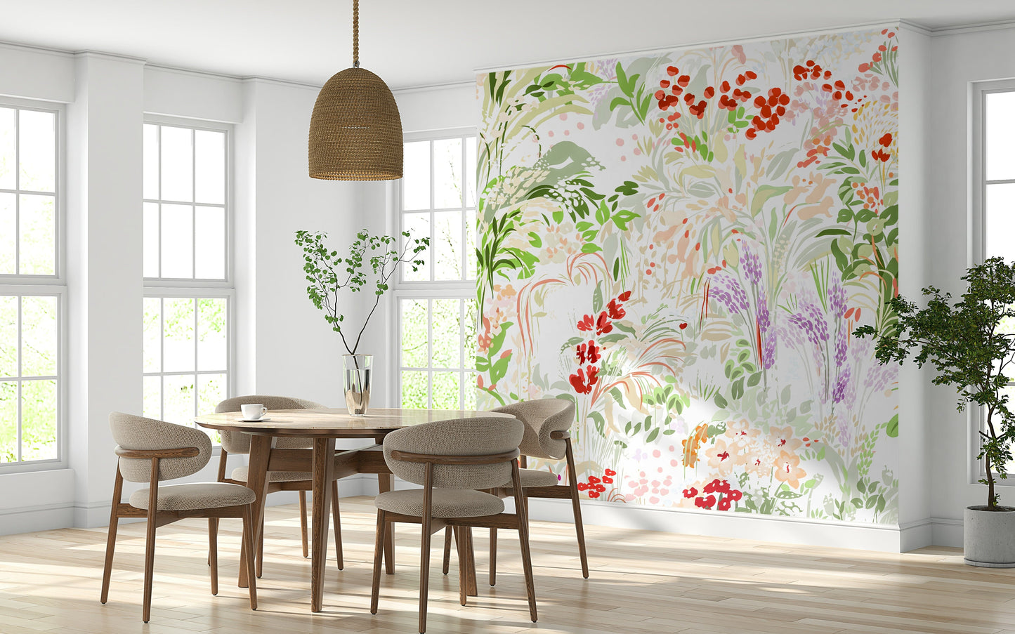 Soft botanical wallpaper capturing an expressive meadow of red berries, purple blooms, and green leaves.