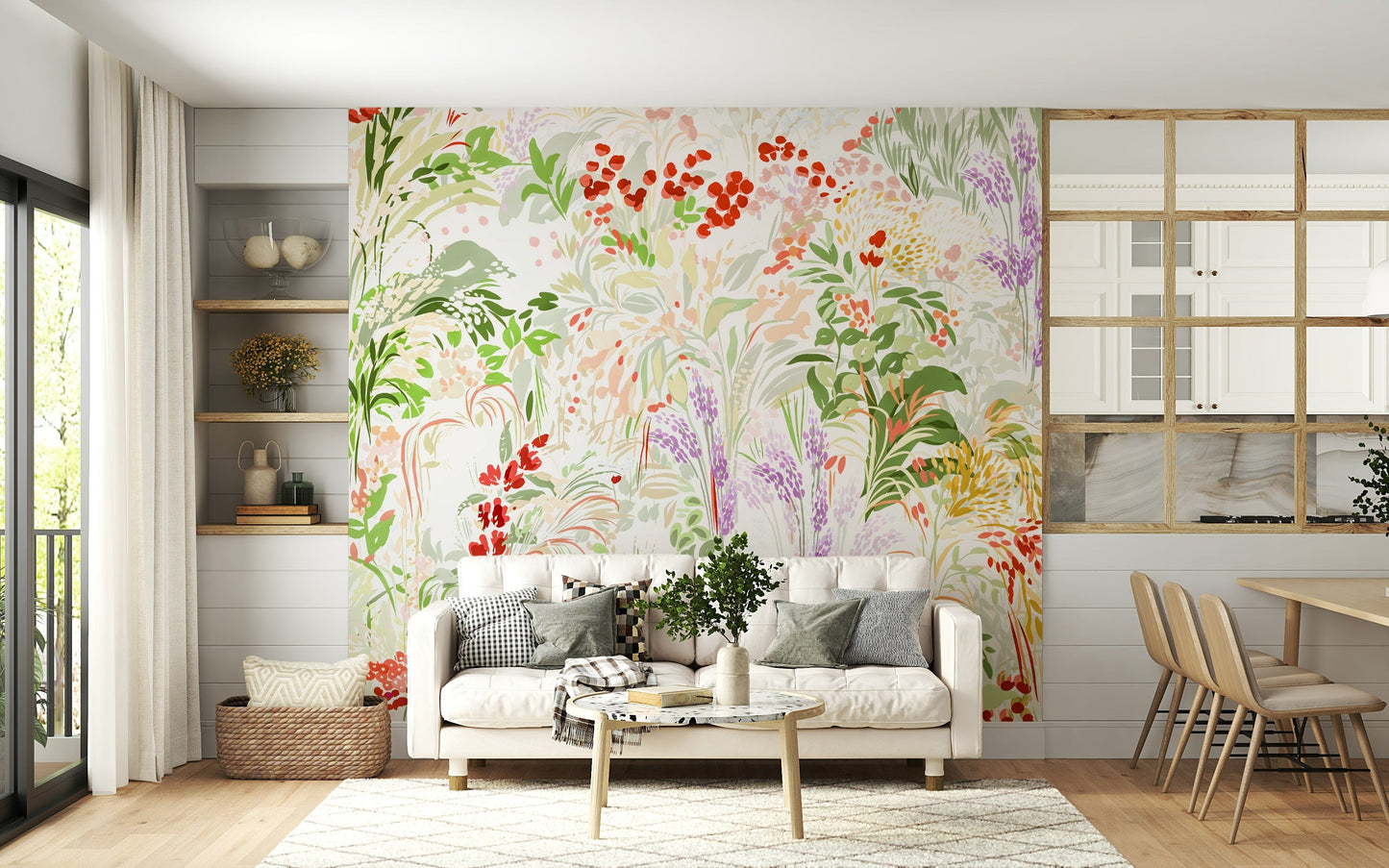 A lush meadow wallpaper showcasing hand-painted flowers and foliage in a soft, airy palette.