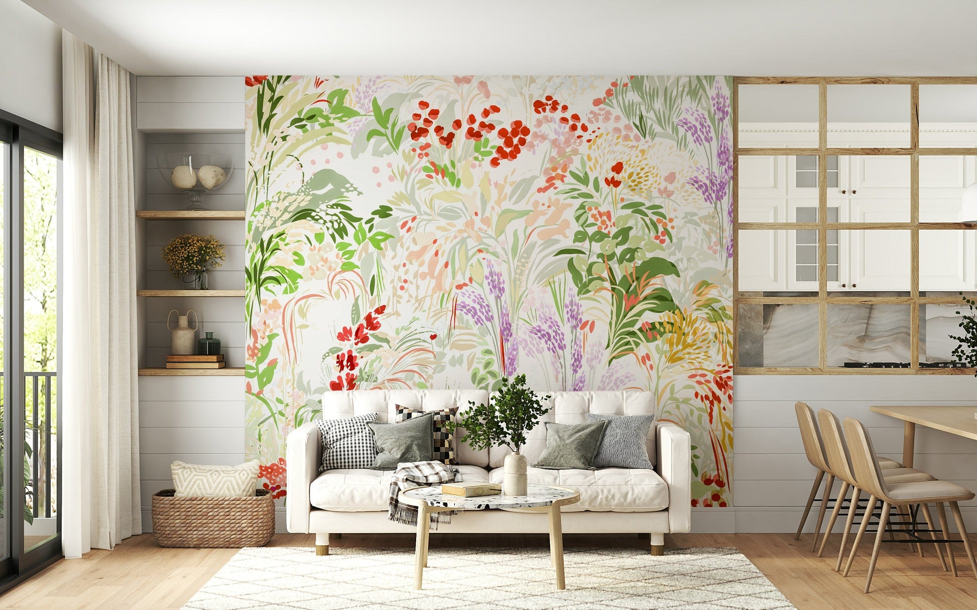 A lush meadow wallpaper showcasing hand-painted flowers and foliage in a soft, airy palette.
