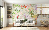 A lush meadow wallpaper showcasing hand-painted flowers and foliage in a soft, airy palette.