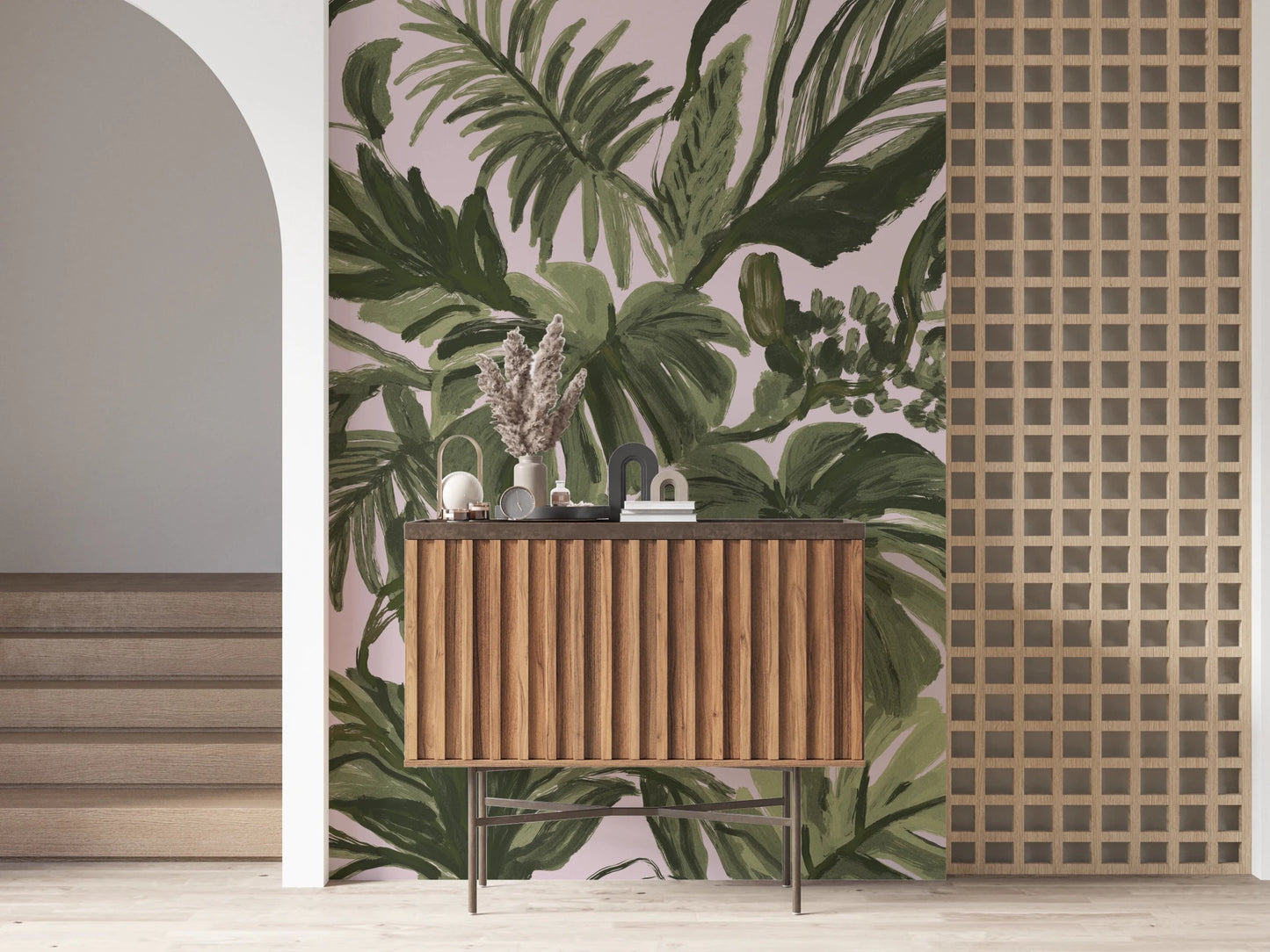 Painterly Palms Blush Tropical Foliage Wall Mural