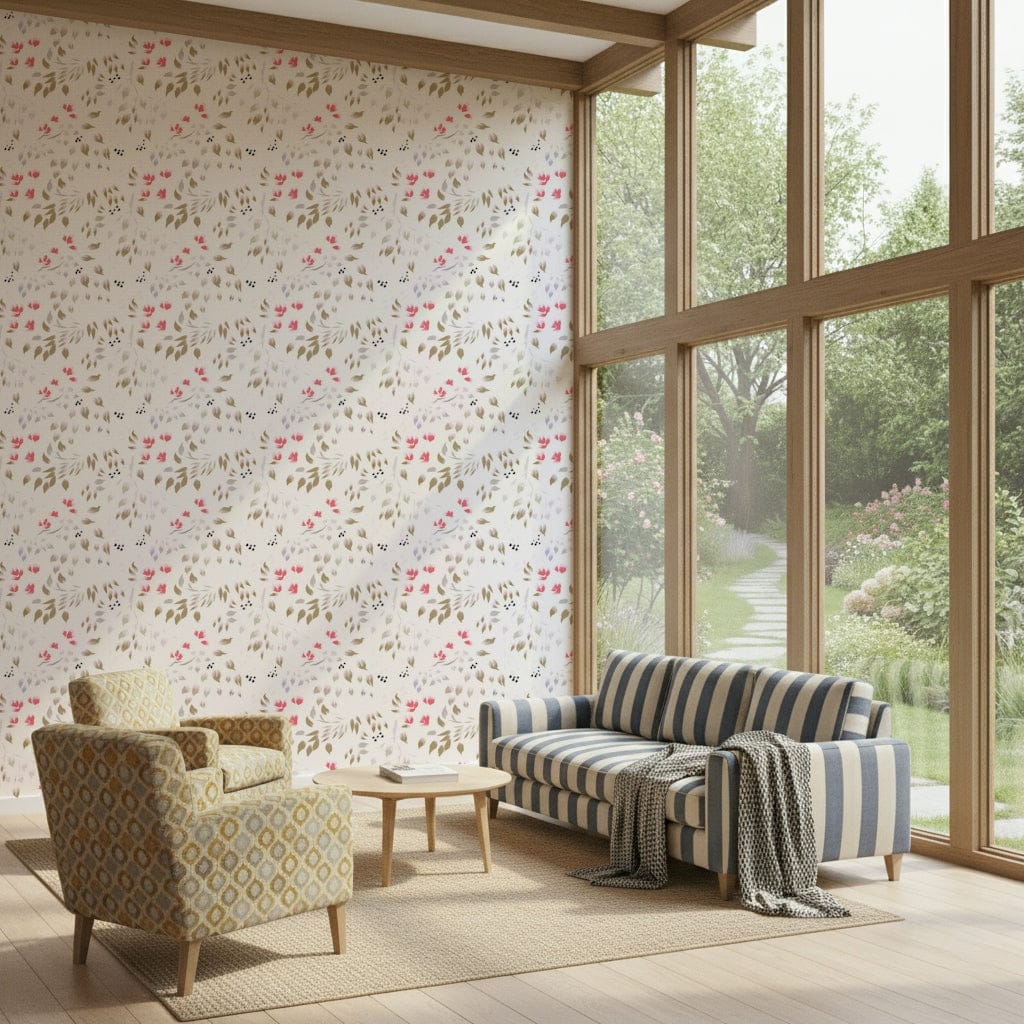 Whimsical floral wallpaper with delicate painterly blossoms