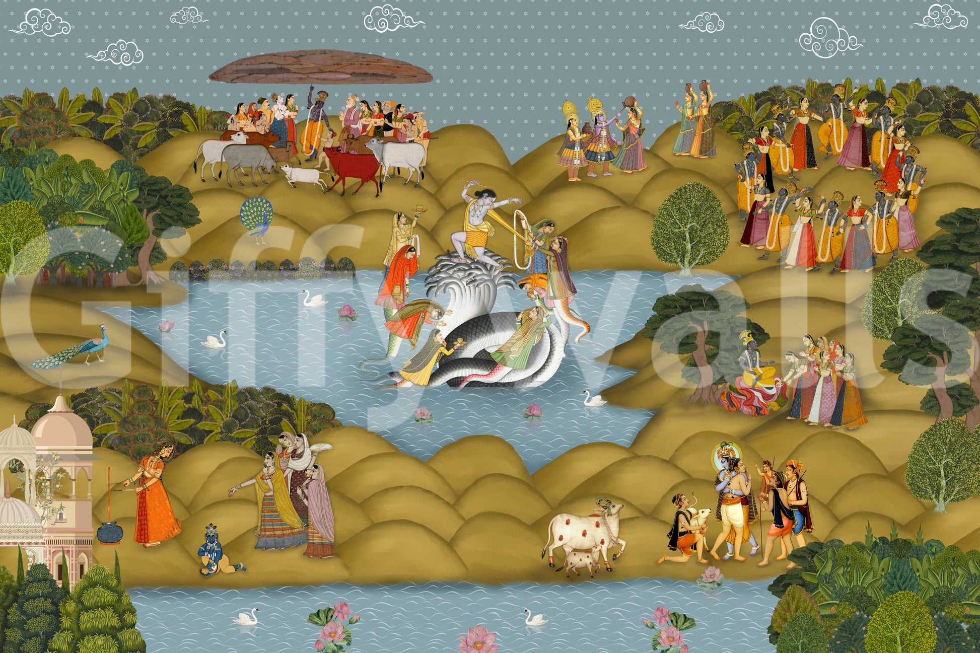 Traditional Indian wall mural with Krishna, musicians, and village gatherings