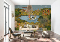 Palace jali mural artwork showing daily life, rituals, and mythological moments